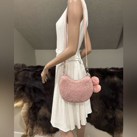 Dusty Rose Real Shearling Leather Half Moon Handbag with 2 Straps & Fur Charm - Picture 8 of 16